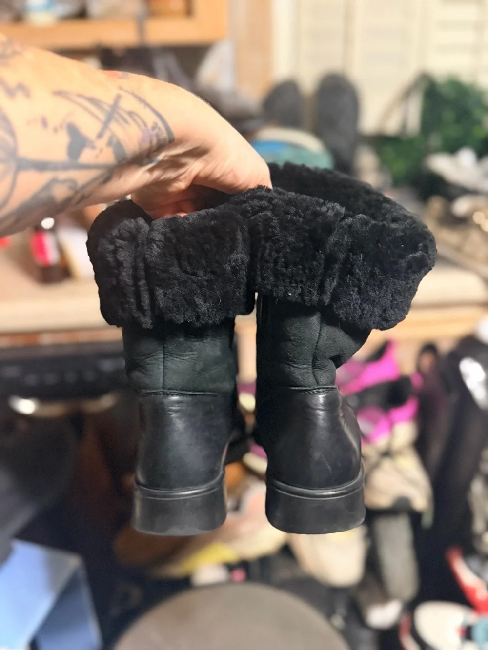La Canadienne Women’s 8 Black Leather Suede Fur Cuff Winter Boots Made Canada